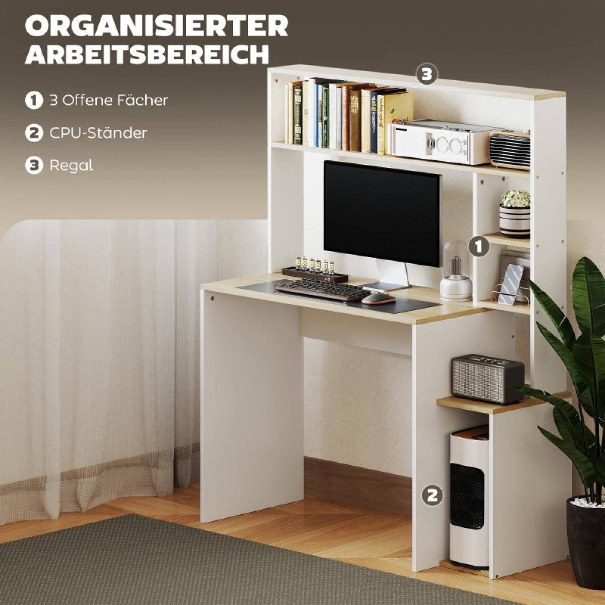Ein weißer Schreibtisch mit Computer, Büchern und Zubehör wird gezeigt. Rechts steht eine Pflanze. Der Schreibtisch hat Regale und einen CPU-Ständer.
