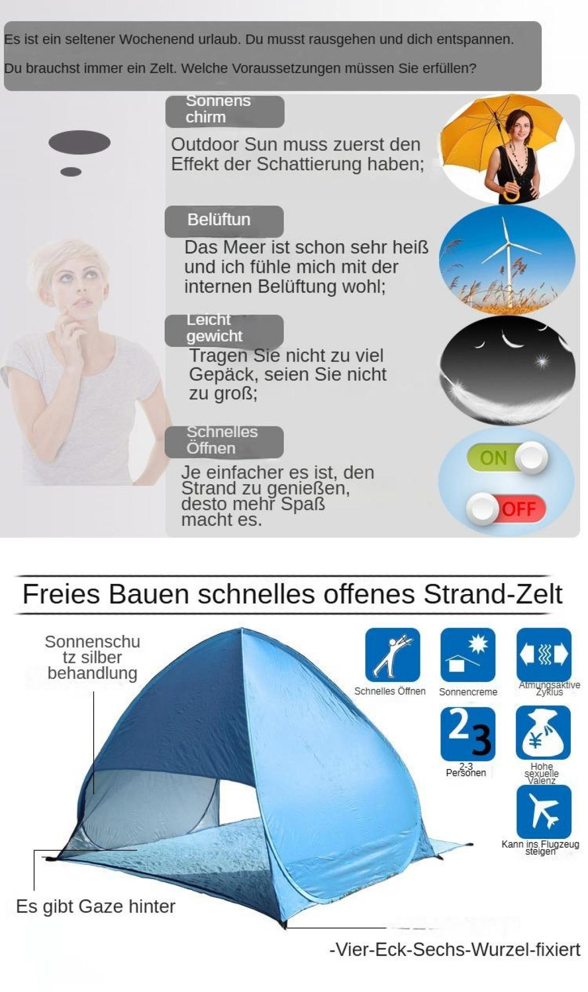 Bild mit Text über Sonnenschutz im Freien, Belüftung, geringes Gewicht und schnelles Öffnen. Ein blaues Strandzelt mit Symbolen.