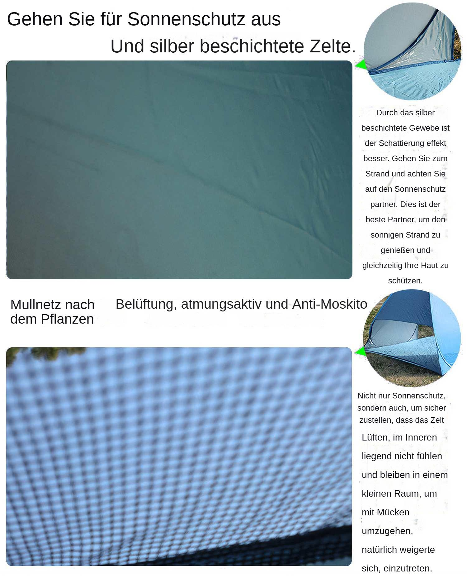 Diagramm eines Zeltes mit deutschem Text, der Sonnenschutz, silberbeschichtetes Gewebe und Anti-Mücken-Netz erwähnt.