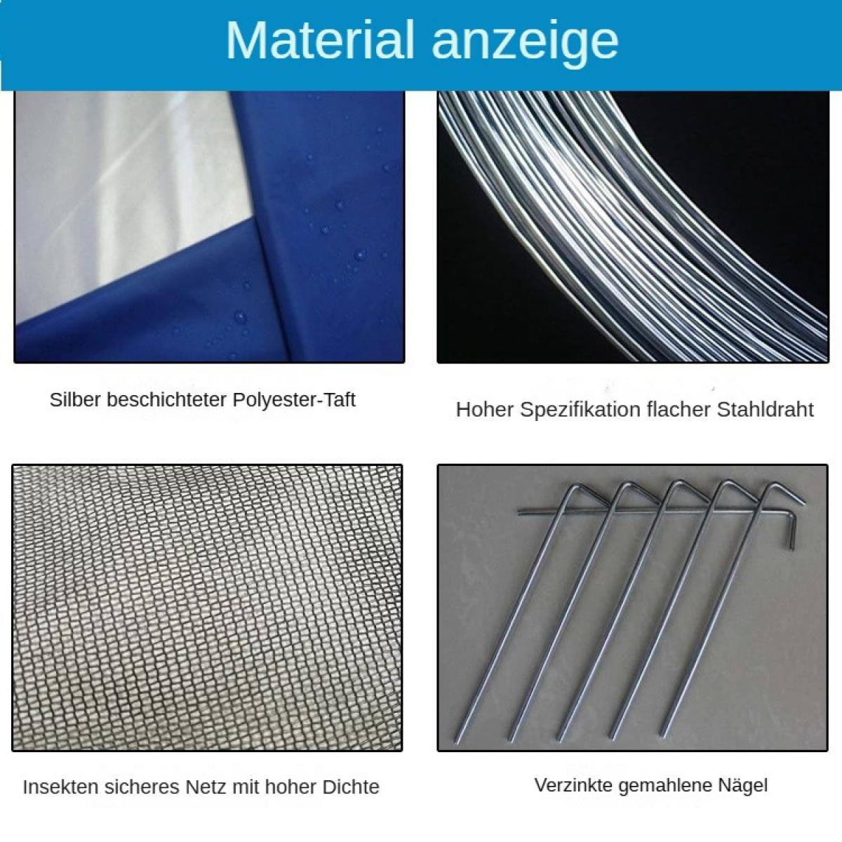 Das Bild zeigt Materialproben: blauer Stoff, silberne Drähte, Netz und Metallheringe, jeweils mit Beschreibungen.