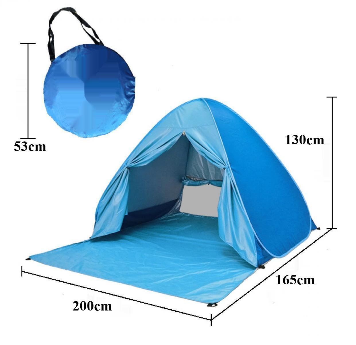 Ein blaues Pop-up-Strandzelt mit den Maßen: 200x165x130cm und ein zusammengefaltetes Zelt mit 53cm. Schwarzer Griff am zusammengefalteten Zelt.