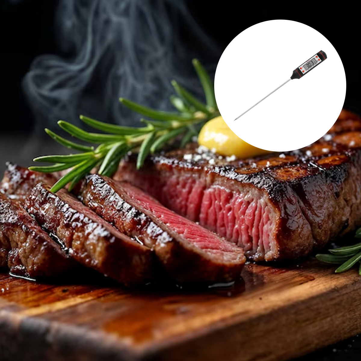 Geschnittenes Steak auf einem Holzbrett mit Rosmarin und Butter. Ein Thermometer wird zur Messung der Innentemperatur in das Steak gesteckt.