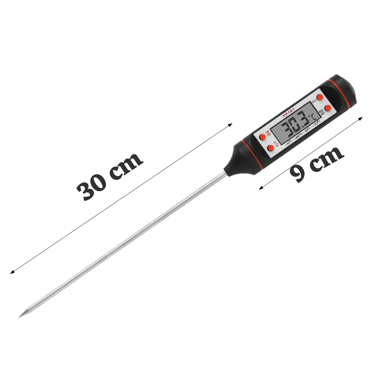 Ein digitales Thermometer mit langer Sonde zeigt 30,3 °C an. Es ist schwarz und rot, die Sonde misst 30 cm, das Gerät 9 cm.