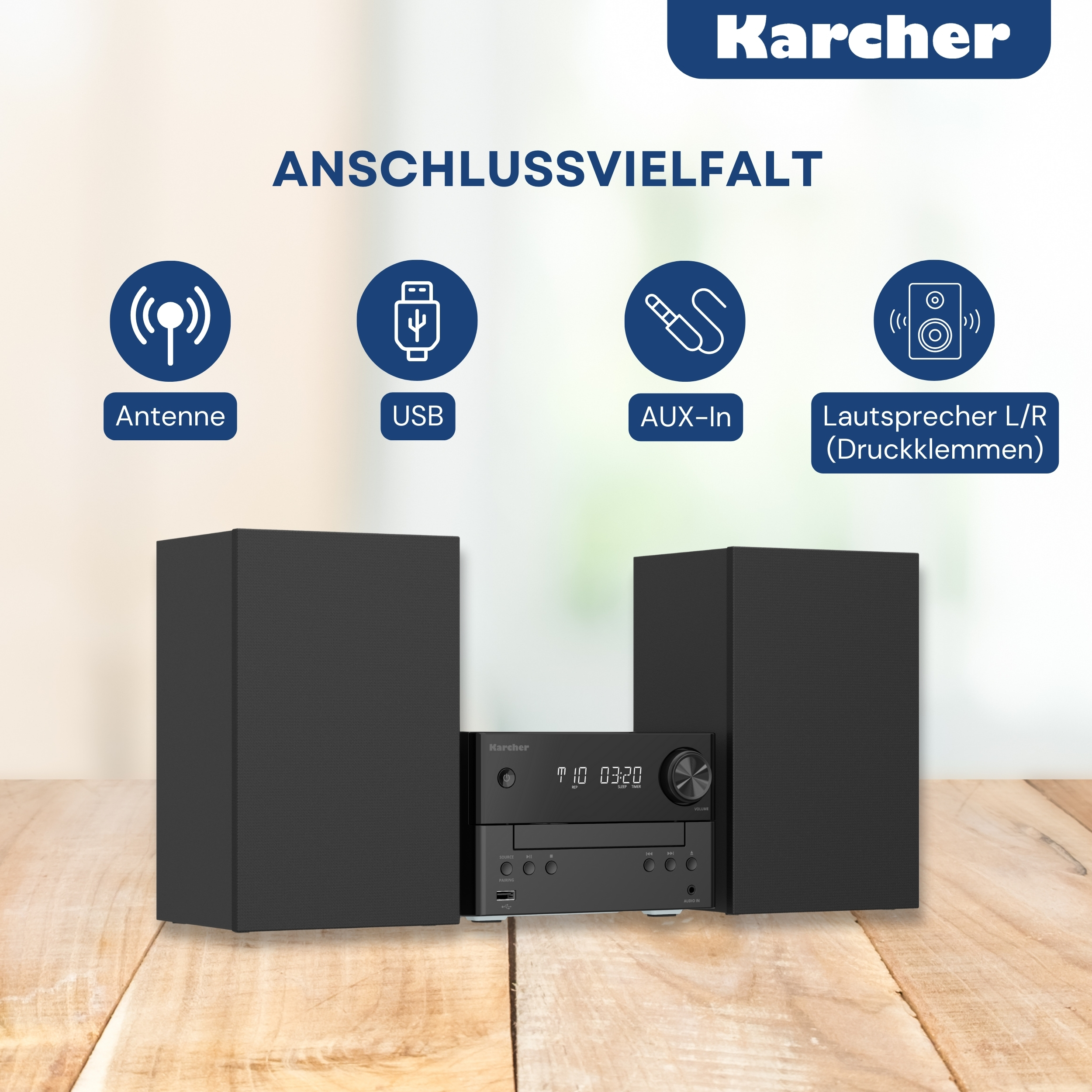 Ein schwarzes Stereoanlage mit Lautsprechern, einer Steuereinheit und Verbindungssymbolen.
