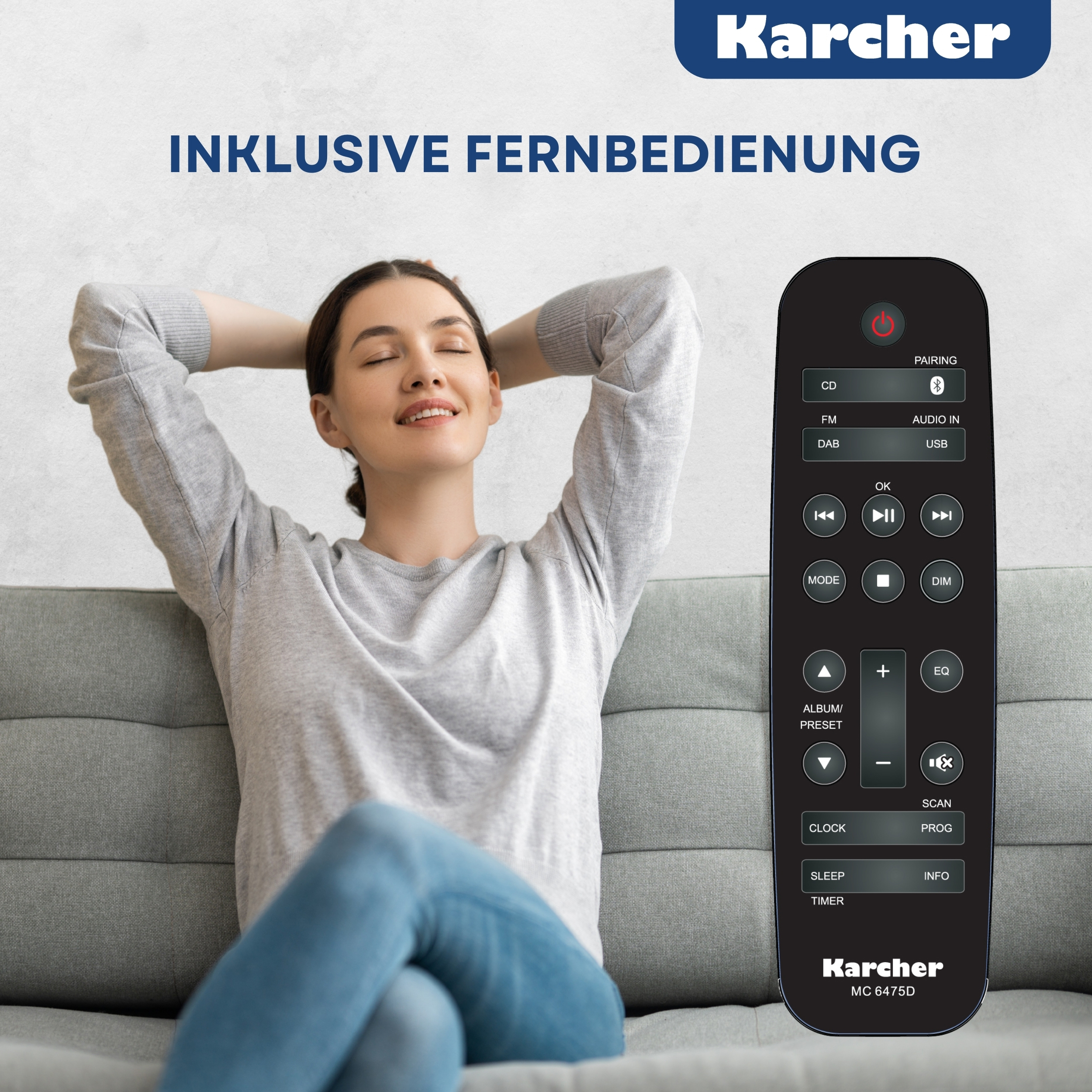 Frau mit geschlossenen Augen, Arme hinter dem Kopf, hält eine Fernbedienung. Das Produkt ist von Karcher.