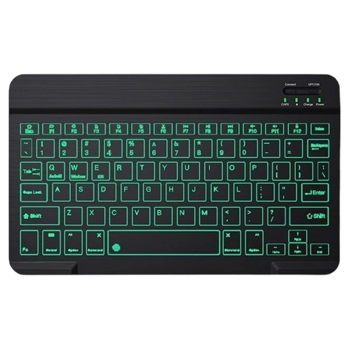 Schwarze Tastatur mit grün beleuchteten Tasten. Enthält Buchstaben, Zahlen und Funktionstasten. Hat Strom- und Verbindungsanzeigen.