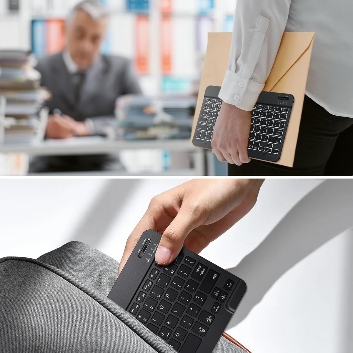 Person hält eine schwarze Tastatur. Im Hintergrund arbeitet eine andere Person. Die Tastatur wird in eine Tasche gesteckt.