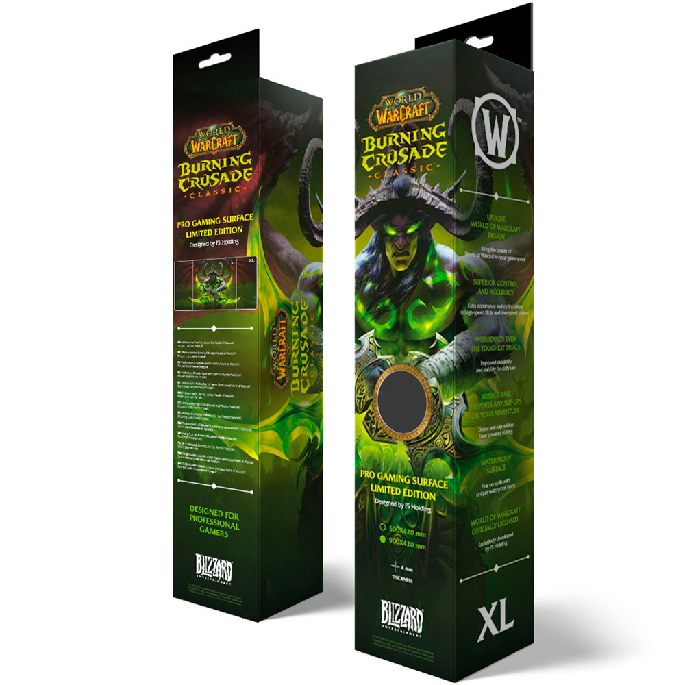 Due scatole per una superficie di gioco World of Warcraft Burning Crusade. Con il logo del gioco, un personaggio e dettagli del prodotto.