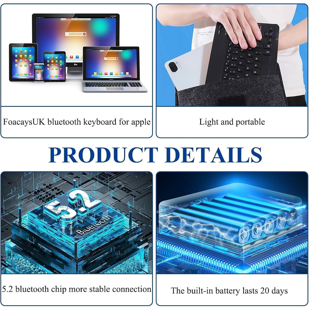 Produktdetails zeigen eine Tastatur, Tablets und Laptops. Text nennt die wichtigsten Funktionen, einschließlich Bluetooth und Akkulaufzeit.