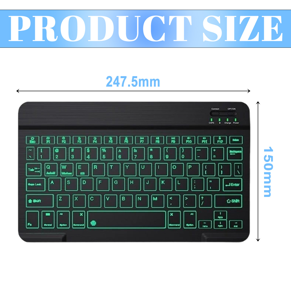 Eine schwarze Tastatur mit grün leuchtenden Tasten und Produktgrößeninformationen. Abmessungen sind 247,5 mm x 150 mm.