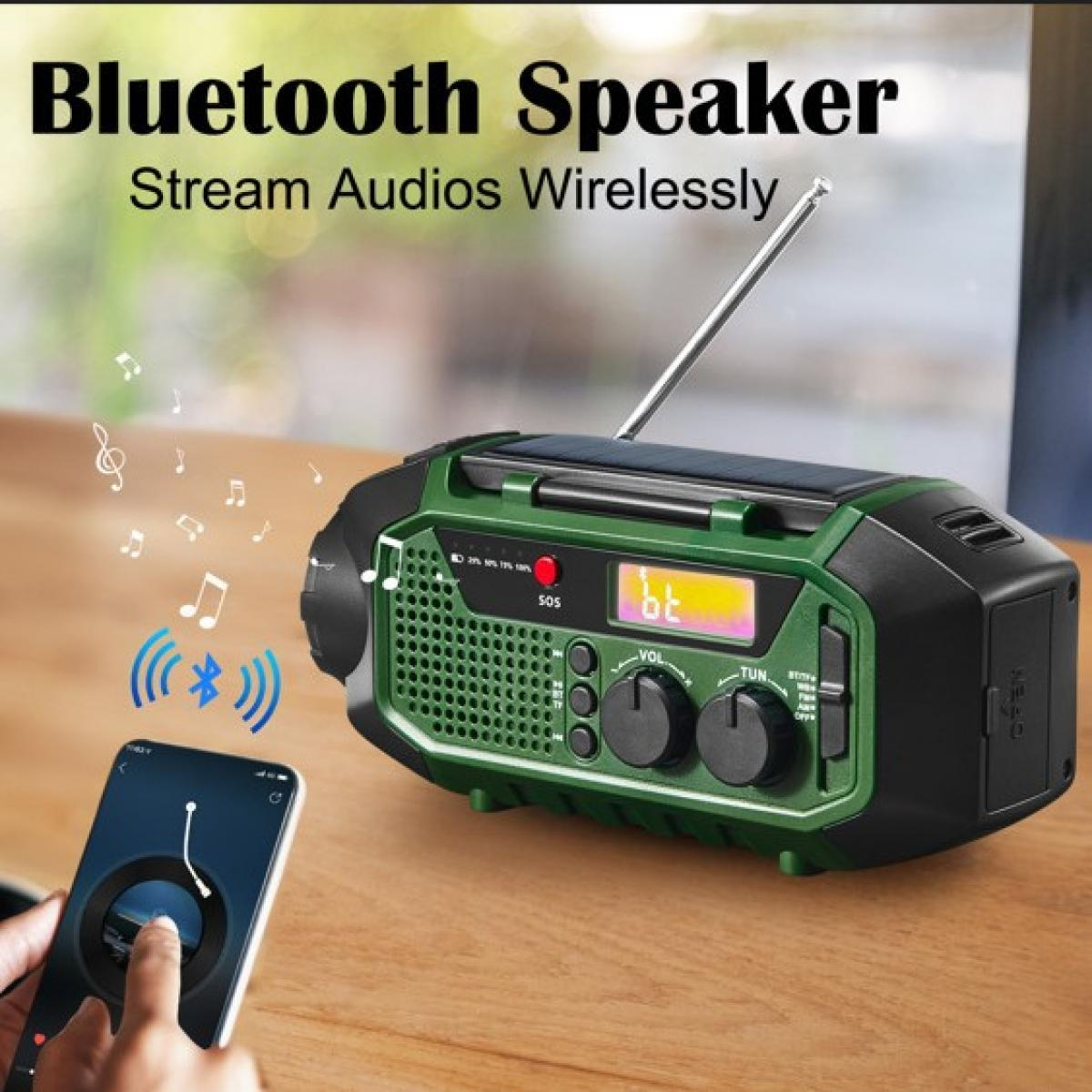 Ein grüner und schwarzer Bluetooth-Lautsprecher, der mit einem Smartphone verbunden ist. Musiknoten schweben herum. Der Lautsprecher steht auf einem Holztisch.