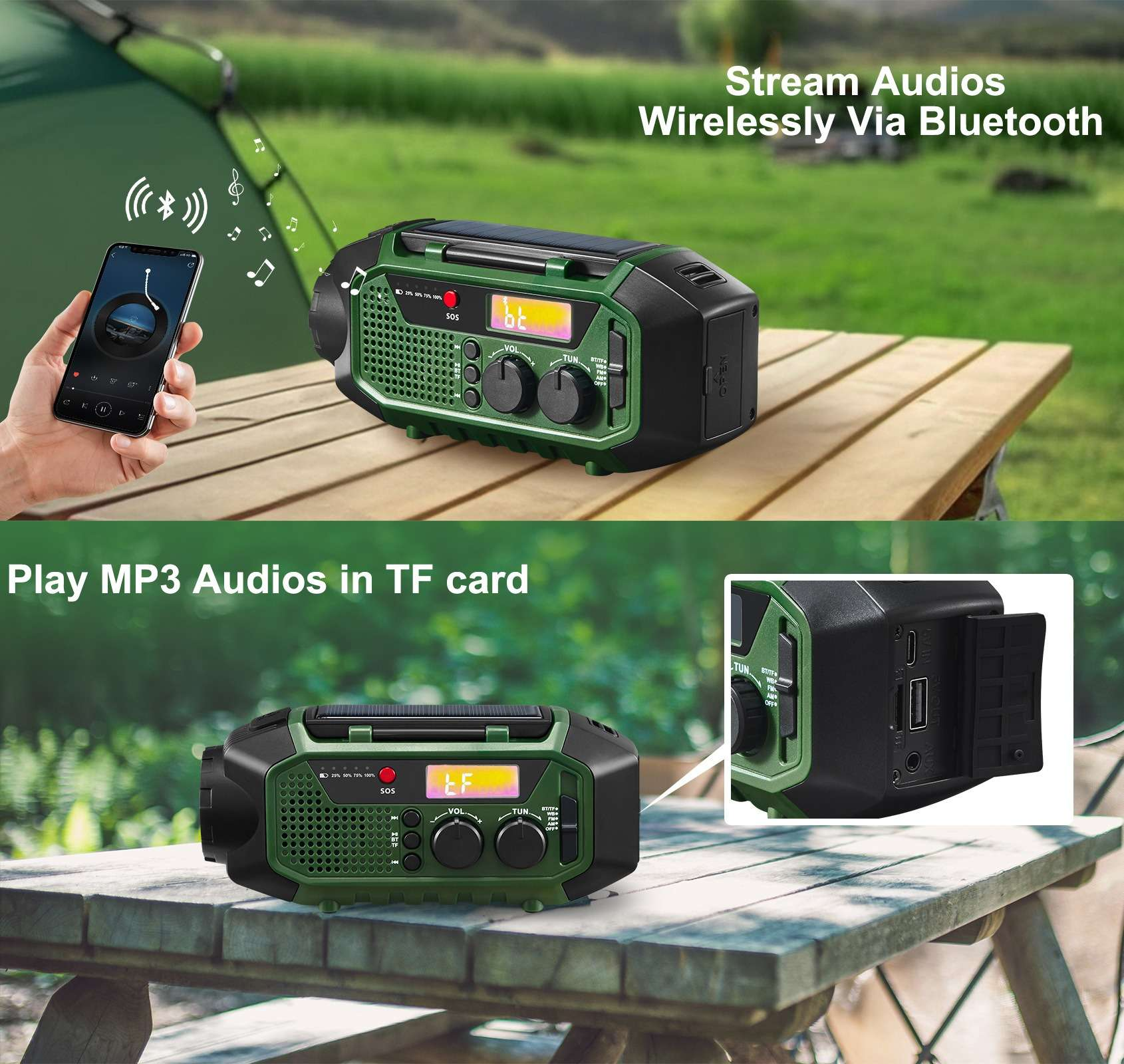 Ein grünes und schwarzes Radio mit Solarpanel steht auf einem Holztisch. Ein Telefon zeigt Musik an. Der Hintergrund ist grün.