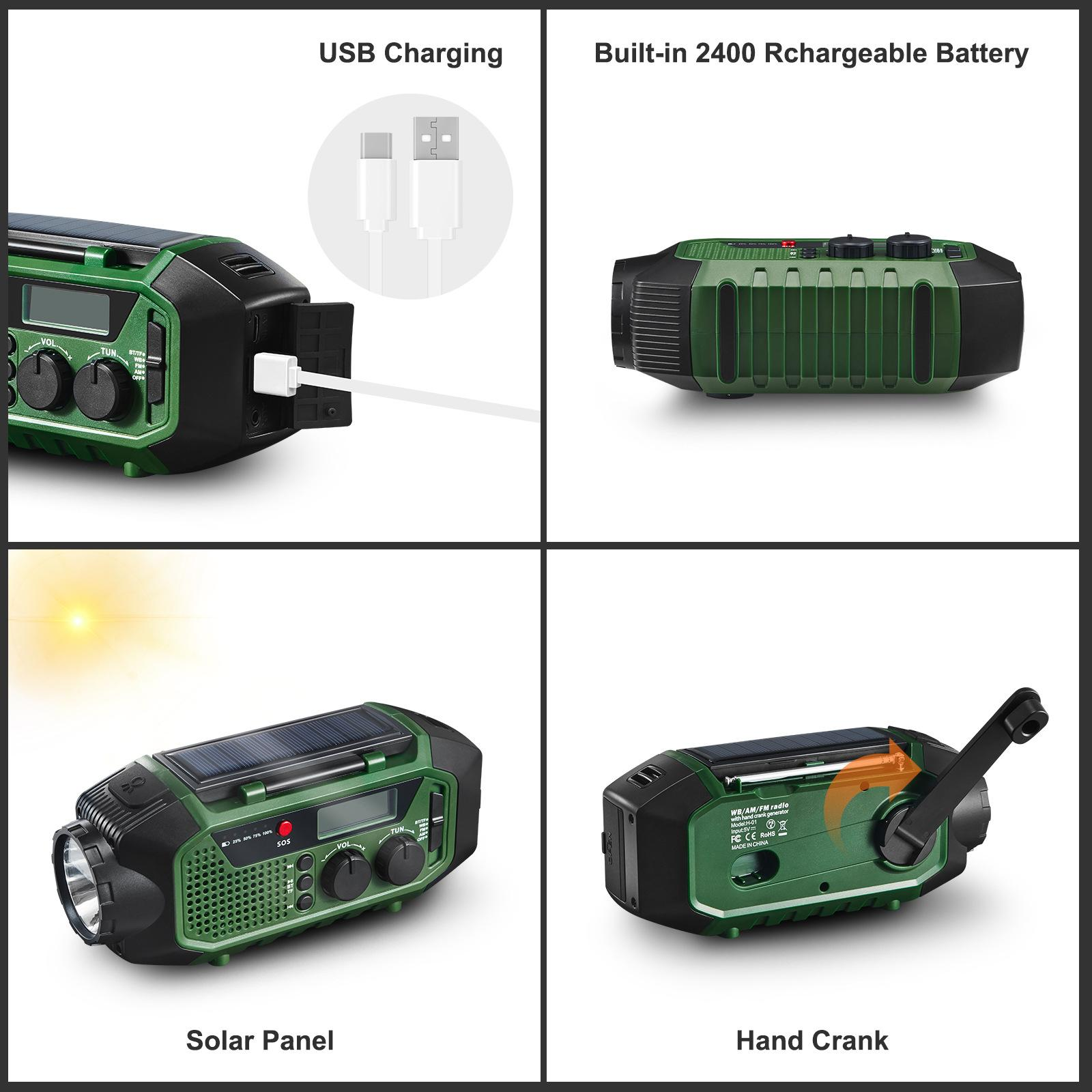 Grünes Radio mit USB-Ladefunktion, Solarpanel und Handkurbel. Merkmale: Drehregler und Taschenlampe.