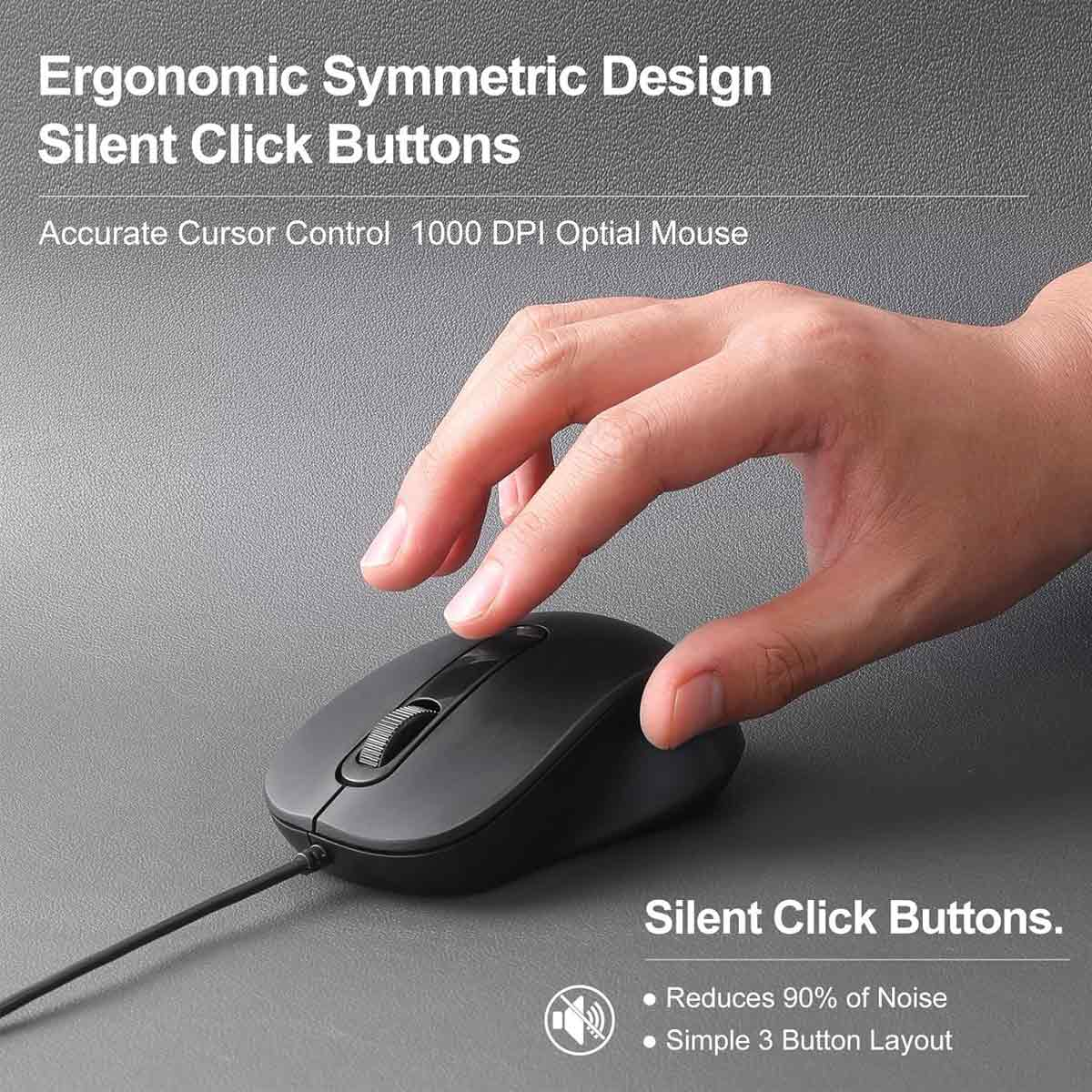 Eine Hand schwebt über einer schwarzen Computermaus mit einem Scrollrad. Der Text oben lautet 'Ergonomisches symmetrisches Design Stille Klicktasten'.