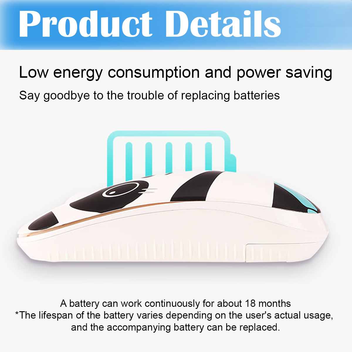 Das Bild zeigt eine weiße Maus mit schwarzen Details, ein Batteriesymbol und Text über Energieeffizienz und Batterielebensdauer.