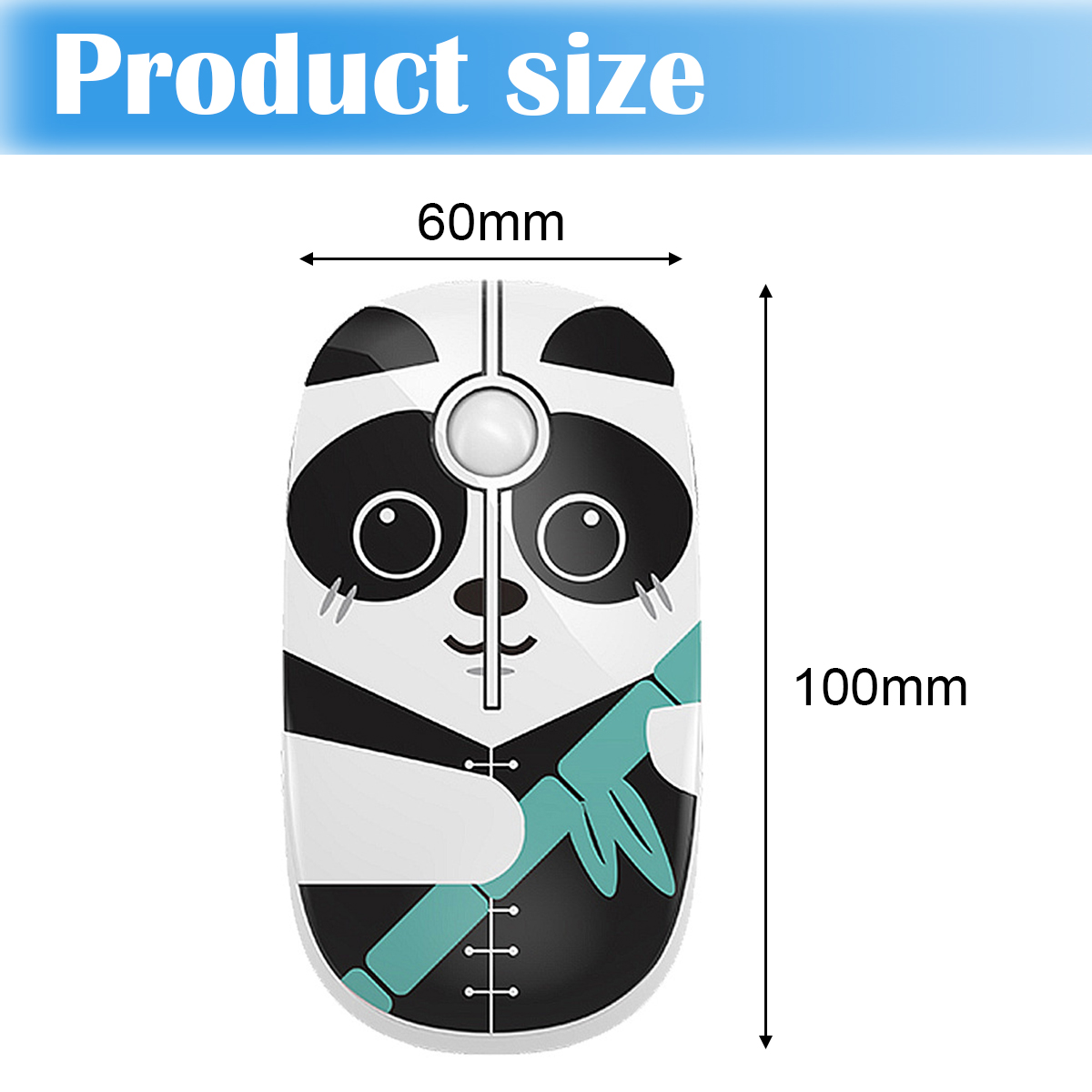 Eine Maus im Panda-Design. Sie ist 100 mm lang und 60 mm breit. Die Maus hat schwarz-weiße Details mit einem grünen Bambusdesign.