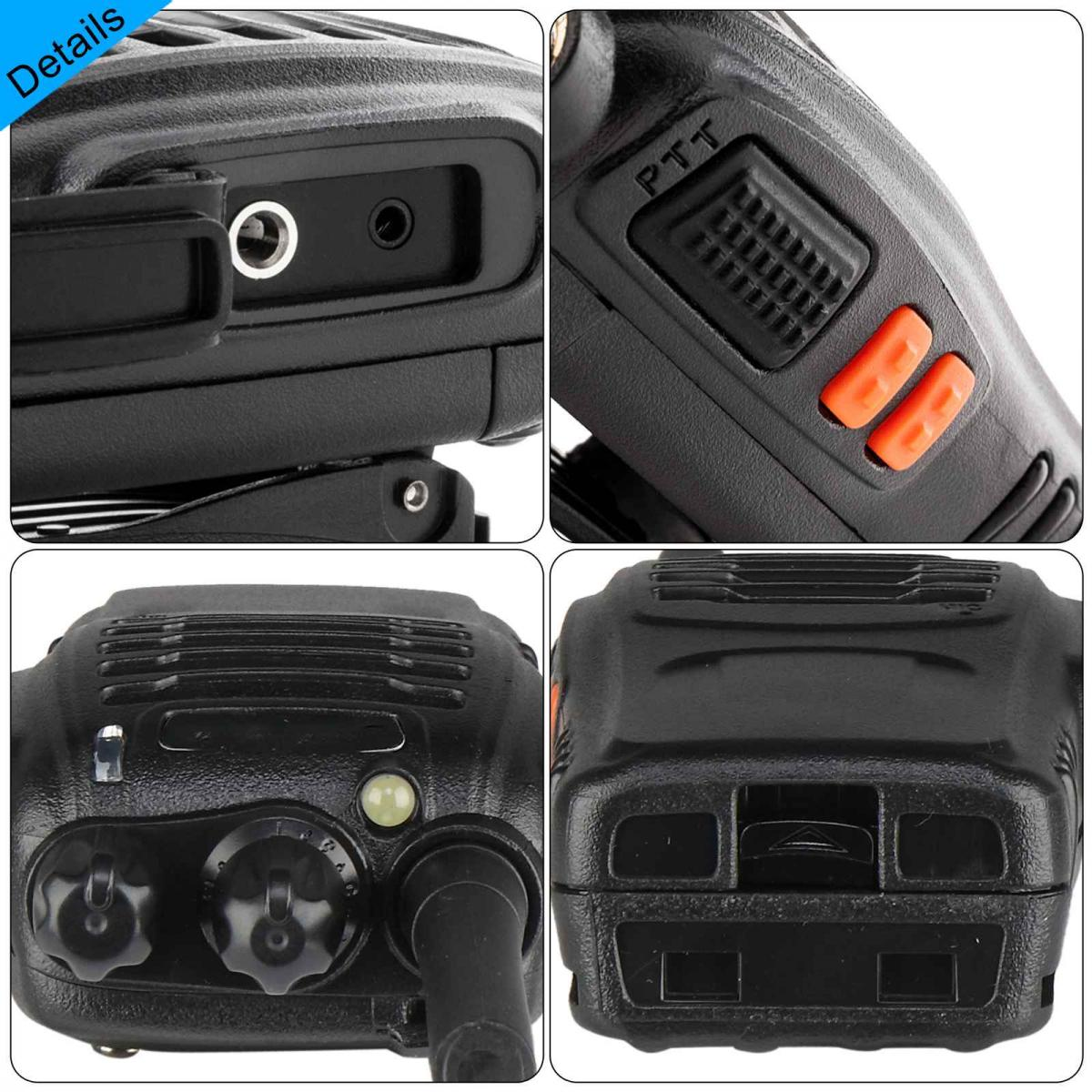 Nahaufnahme eines schwarzen Walkie-Talkies mit Details wie Knöpfen, einer PTT-Taste, einem Lautsprecher, Knöpfen und einem Anschluss. Orange Akzente vorhanden.