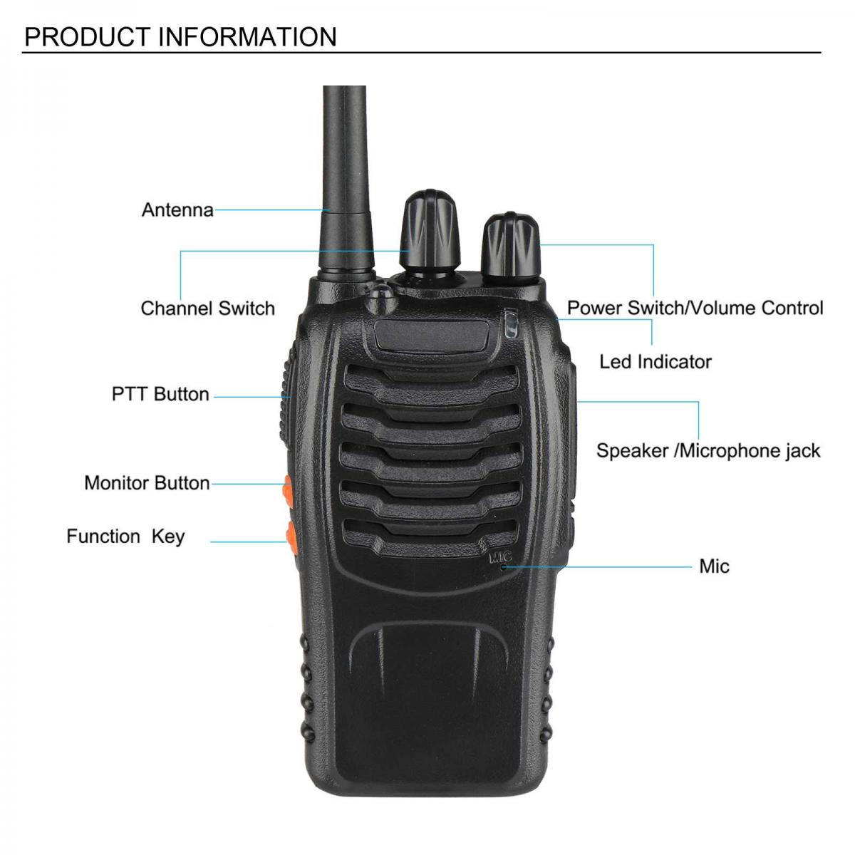 Ein schwarzes Walkie-Talkie mit Antenne, Knöpfen, Tasten und beschrifteten Teilen. Produktinformationen oben.