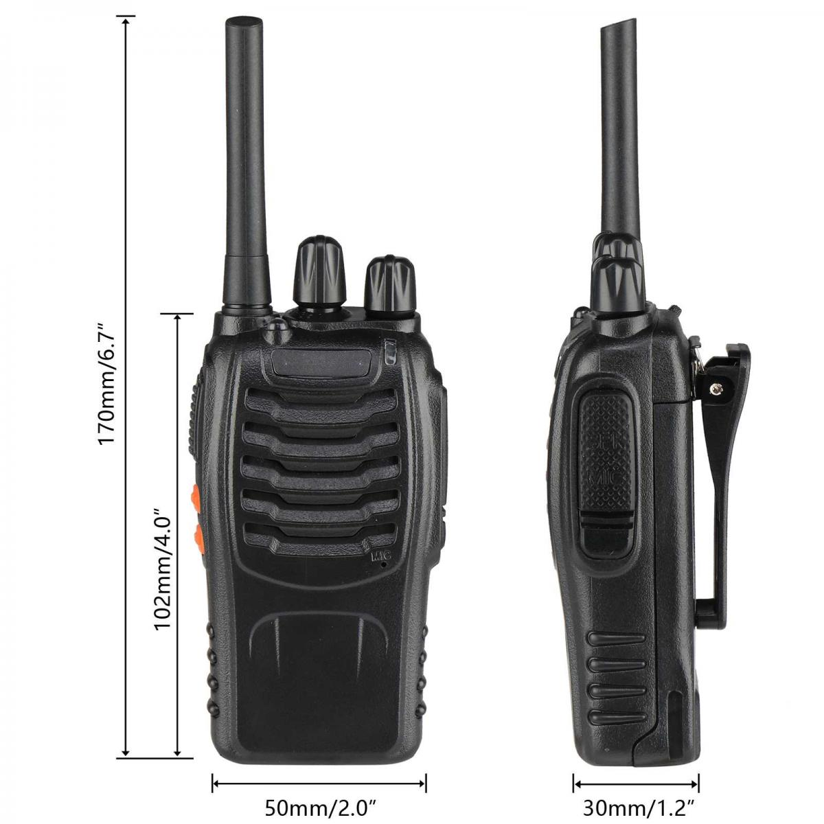 Funkgerät. Schwarze Farbe. Abmessungen sind angegeben. Das Funkgerät hat eine Antenne, Tasten und einen Lautsprecher.