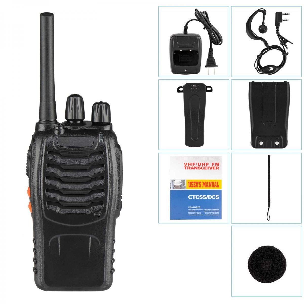 Schwarzes Walkie-Talkie mit Antenne, Ladegerät, Ohrhörer, Akku, Gürtelclip, Handbuch, Lanyard und Mikrofonabdeckung auf Weiß.