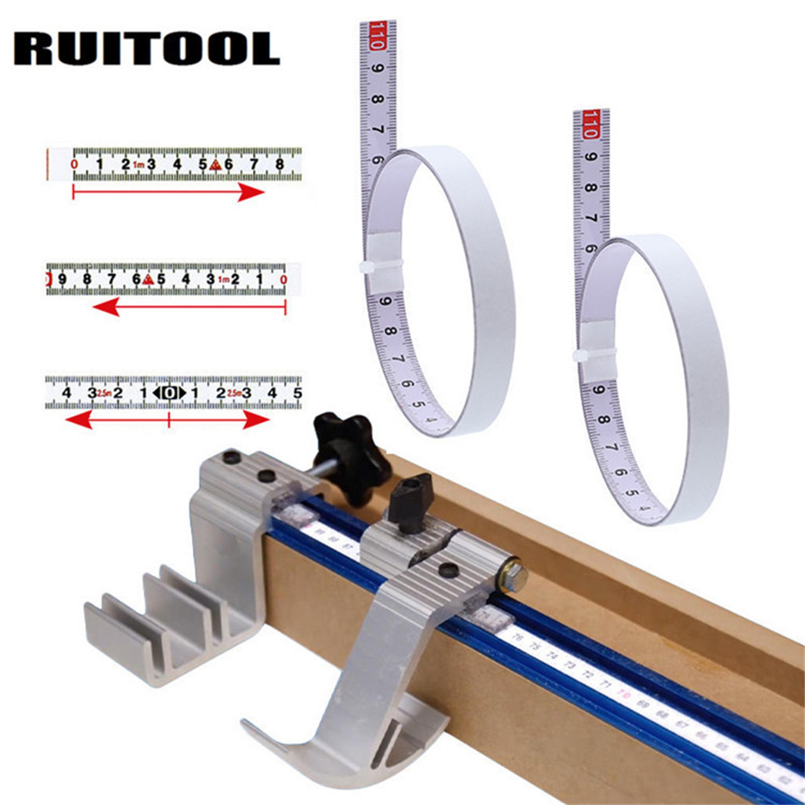 Ein Ruitool-Holzbearbeitungswerkzeug. Es umfasst Lineale, Maßbänder und eine Metallführung für präzise Schnitte.