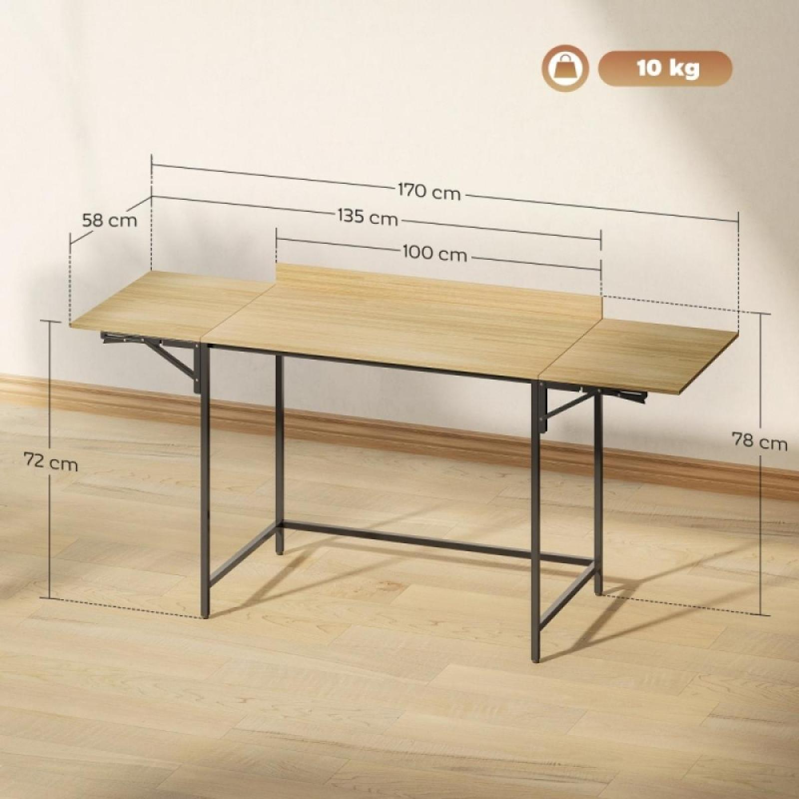 Ein zusammenklappbarer Holztisch mit schwarzen Metallbeinen. Abmessungen sind beschriftet. Ein 10 kg schweres Gewichtsschild ist rechts oben.