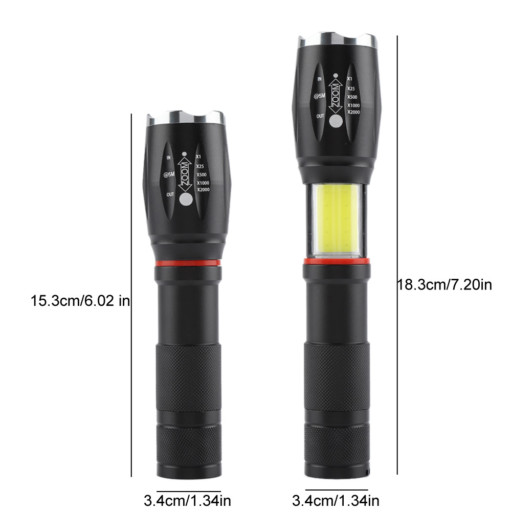 Zwei schwarze Taschenlampen, eine mit einer Lichtleiste. Maße sind angegeben. Zoom- und Leistungseinstellungen sind sichtbar.