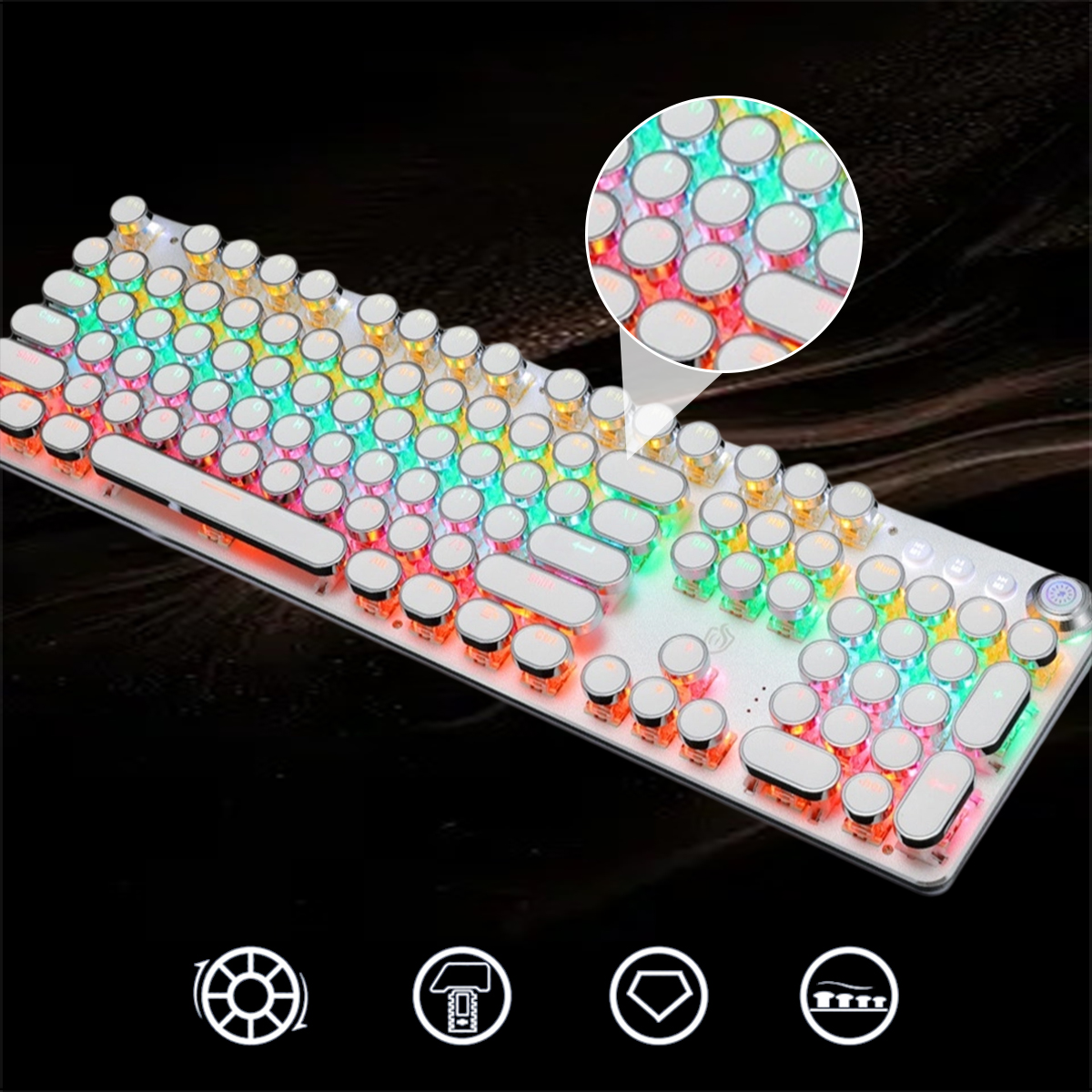 Eine weiße mechanische Tastatur mit bunten Tasten mit Hintergrundbeleuchtung. Eine Nahaufnahme zeigt die Tasten im Detail. Unten im Bild befinden sich vier Symbole.