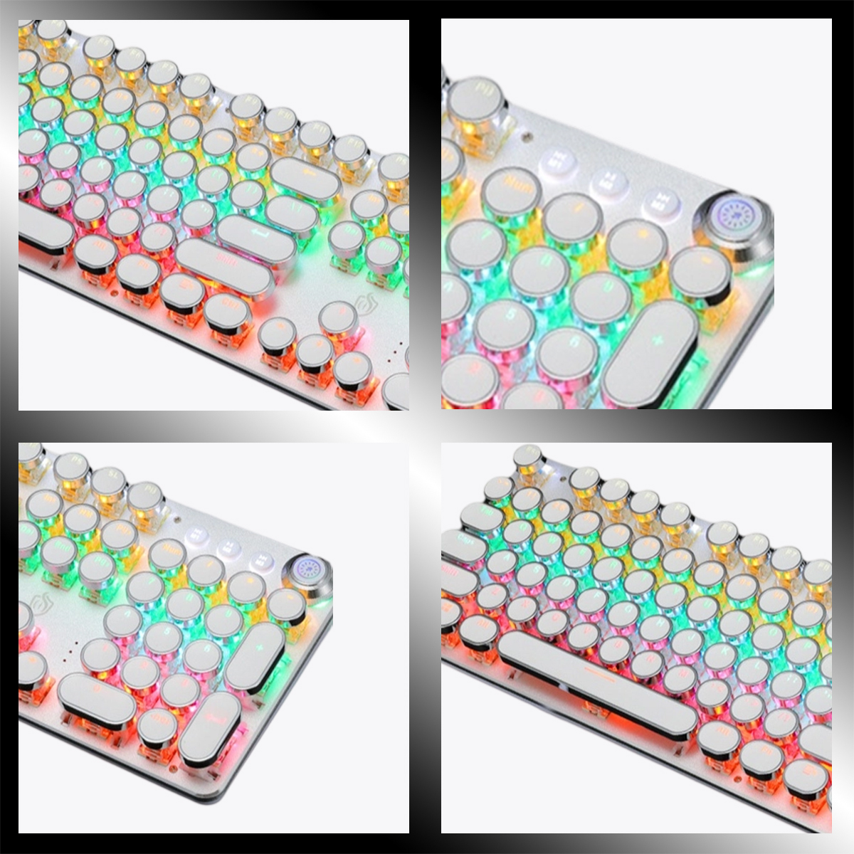 Nahaufnahme einer Tastatur im Retro-Stil mit runden, weißen Tasten. Tasten sind mit bunten Lichtern beleuchtet. Silberner Metallrahmen.