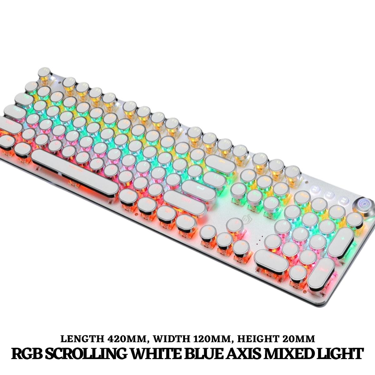 Eine weiße mechanische Tastatur mit runden Tasten, die in verschiedenen RGB-Farben beleuchtet sind. Die Tastatur hat einen silbernen Rahmen und weiße Tastenkappen.
