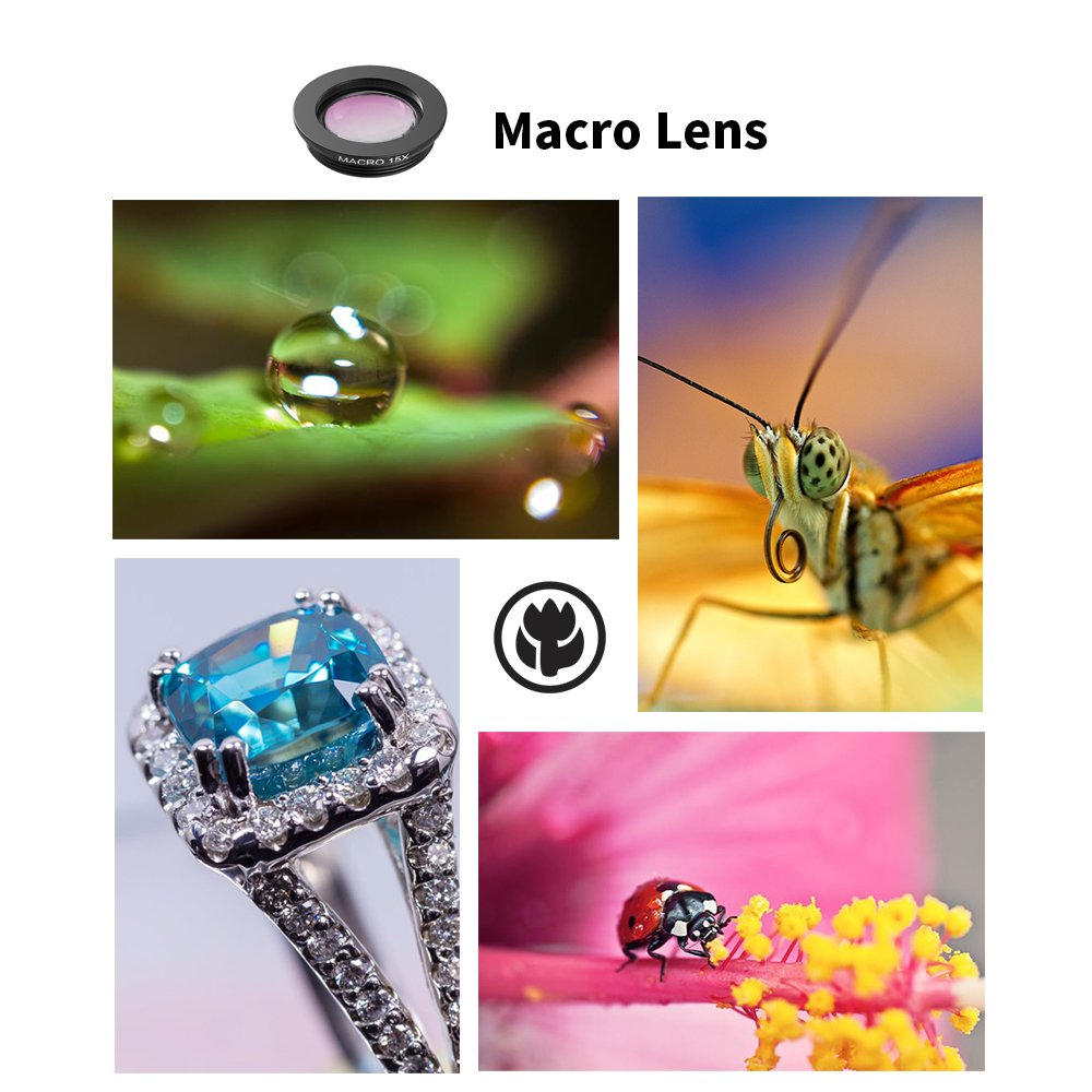 Makroobjektiv mit Bildern von Wassertropfen, einem Schmetterling, einem Edelsteinring, einem Marienkäfer und einer Blume.