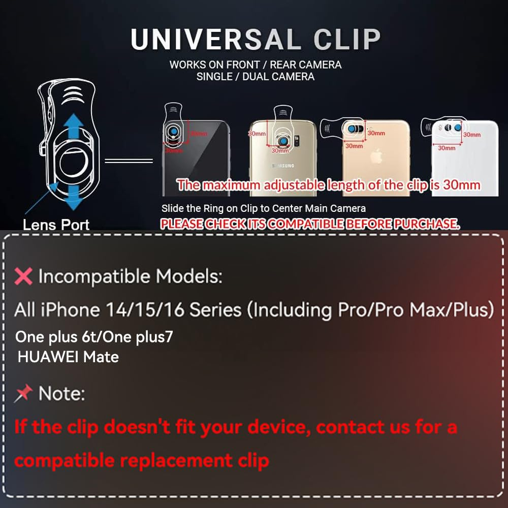 Das Bild zeigt einen Universal-Clip für Telefone. Es enthält Diagramme von Telefonen mit dem Clip sowie eine Liste inkompatibler Modelle.