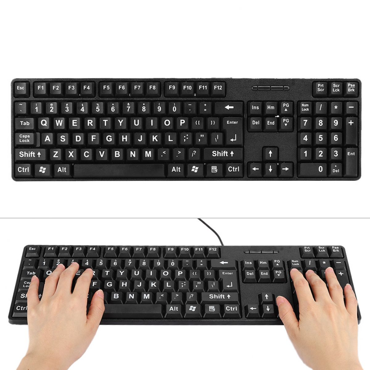 Eine schwarze Tastatur mit weißen Buchstaben und Händen, die darauf tippen. Die Tasten sind beschriftet.
