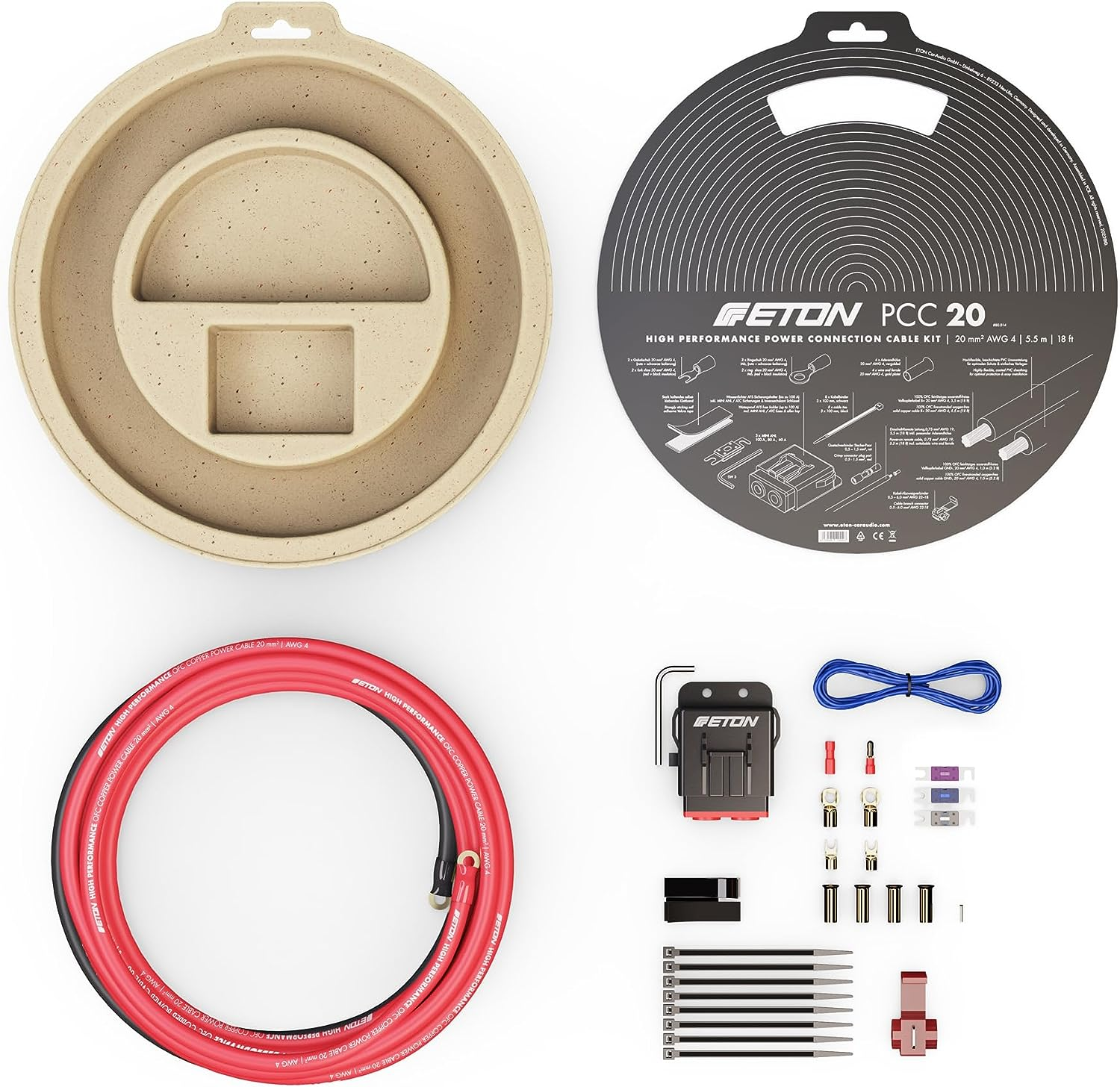 Car-Audio-Kit mit rotem Kabel, schwarzen und grauen Komponenten und einem beigen Behälter.