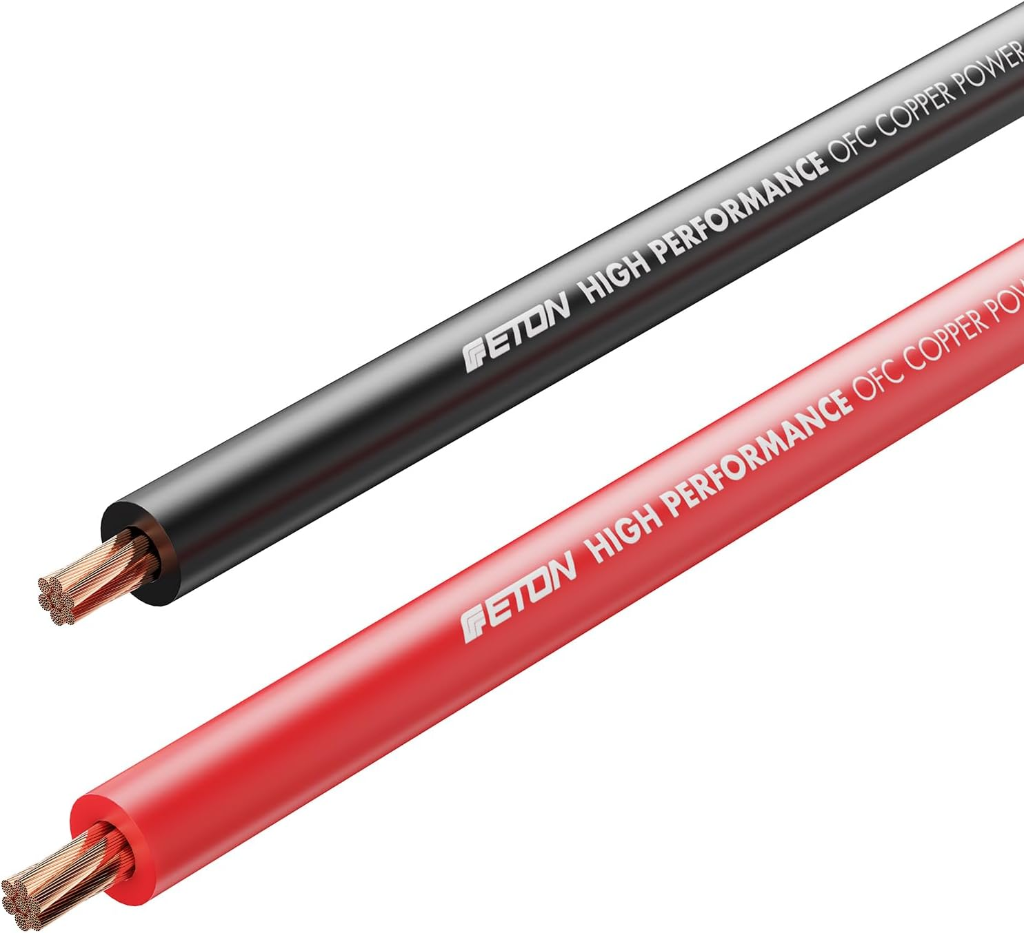 Zwei Elektrokabel: eines schwarz, eines rot. Beide haben freiliegende Kupferdrähte an den Enden und den Text 'FETON HIGH PERFORMANCE OFC COPPER POWER'.