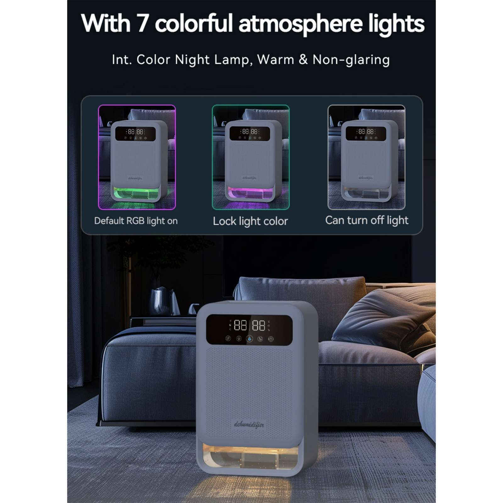 Ein grauer Luftentfeuchter mit Digitalanzeige steht auf einem Teppich. Farbige Lichter zeigen verschiedene Modi an. Text: 7 farbige Atmosphärenlichter.