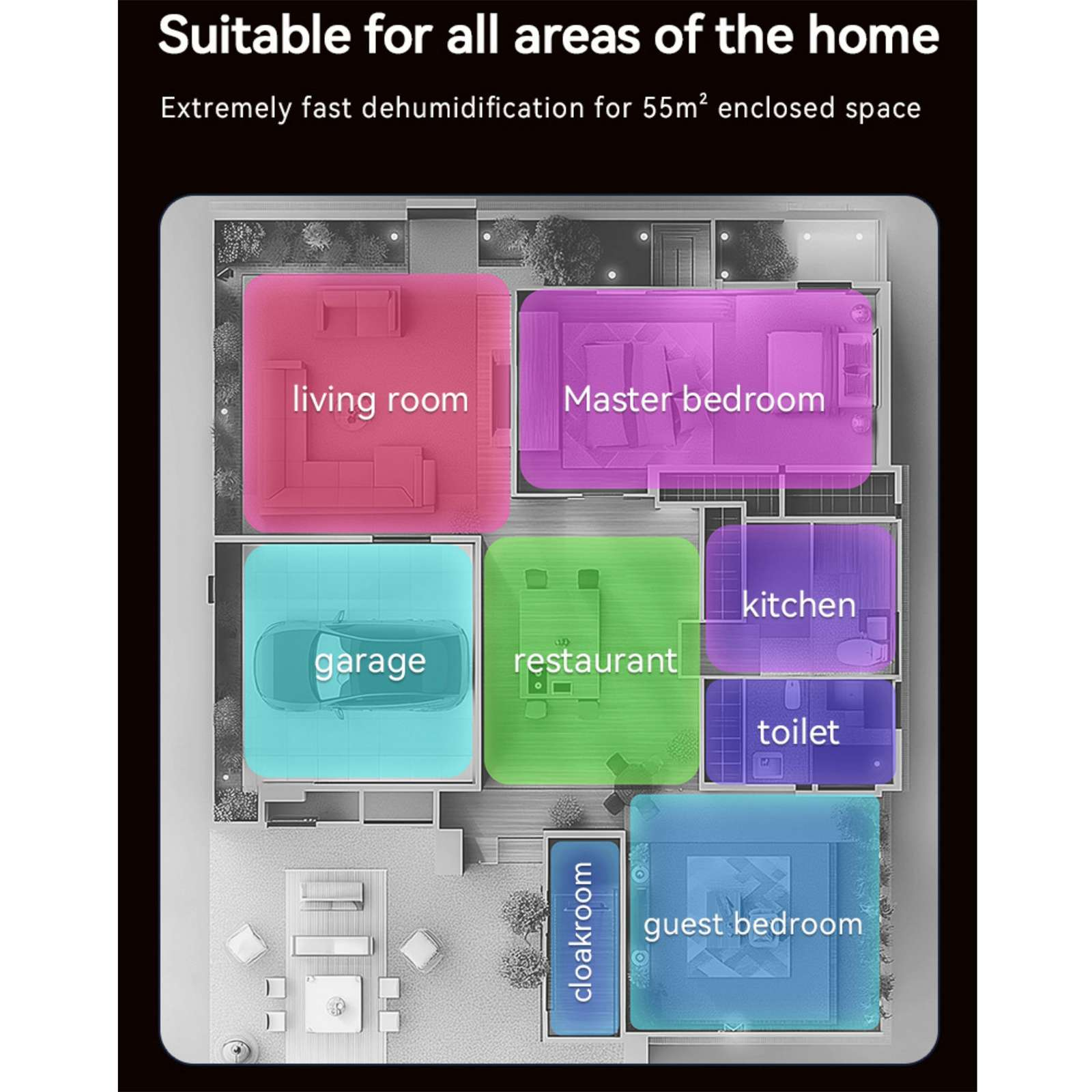 Grundriss eines Hauses, Abschnitte beschriftet: Wohnzimmer, Schlafzimmer, Garage, Restaurant, Küche, Toilette, Gästezimmer.