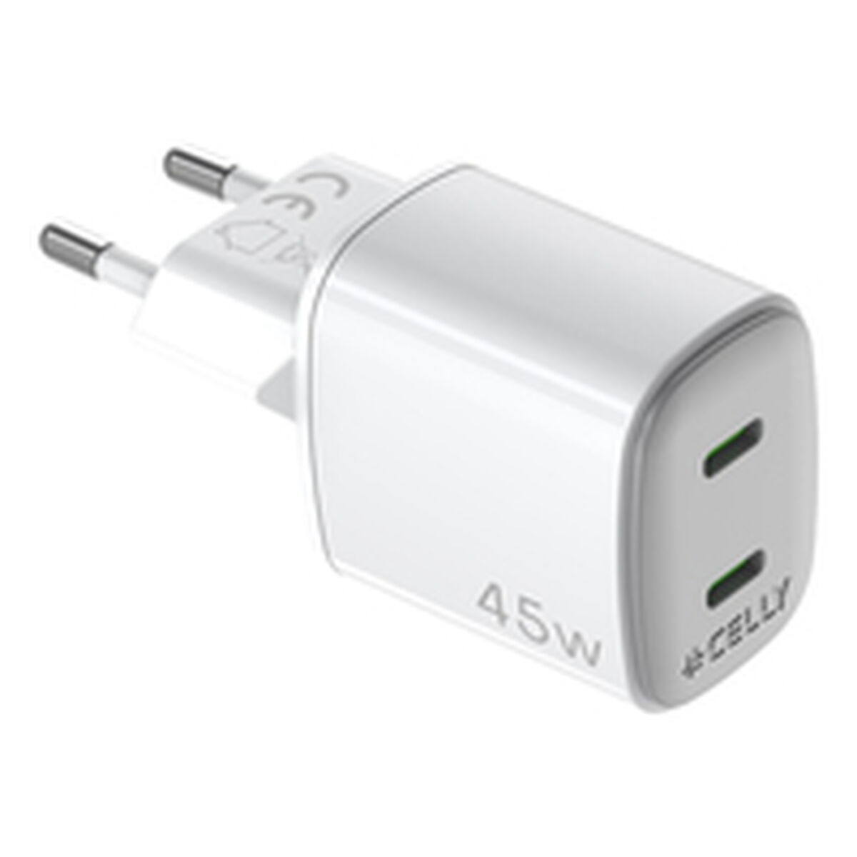 İki USB portlu beyaz bir Celly 45W şarj cihazı. Güç için iki metal pimi vardır ve Celly marka logosu görünür.