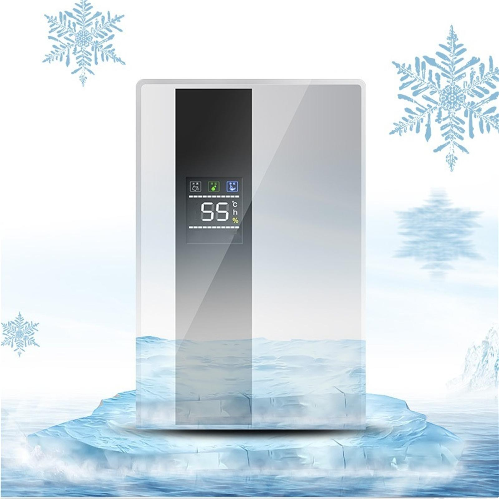 Ein weißes Gerät mit digitaler Anzeige von 55 Grad, auf Eis gelegt, mit Schneeflocken im Hintergrund.