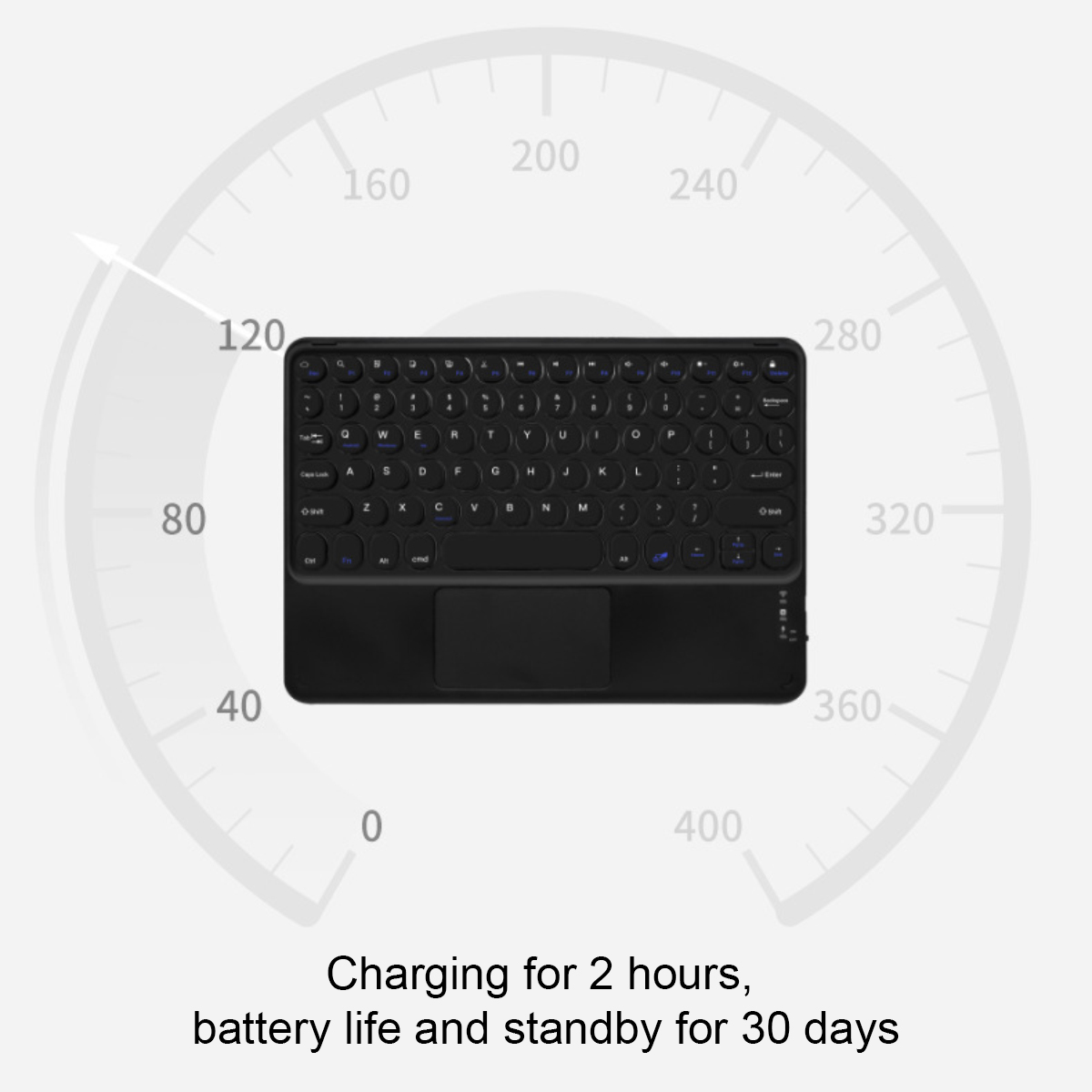 Eine schwarze Tastatur ist zentriert, umgeben von einer tachometerartigen Grafik. Text unten lautet: Aufladen für 2 Stunden, Akkulaufzeit und Standby für 30 Tage.