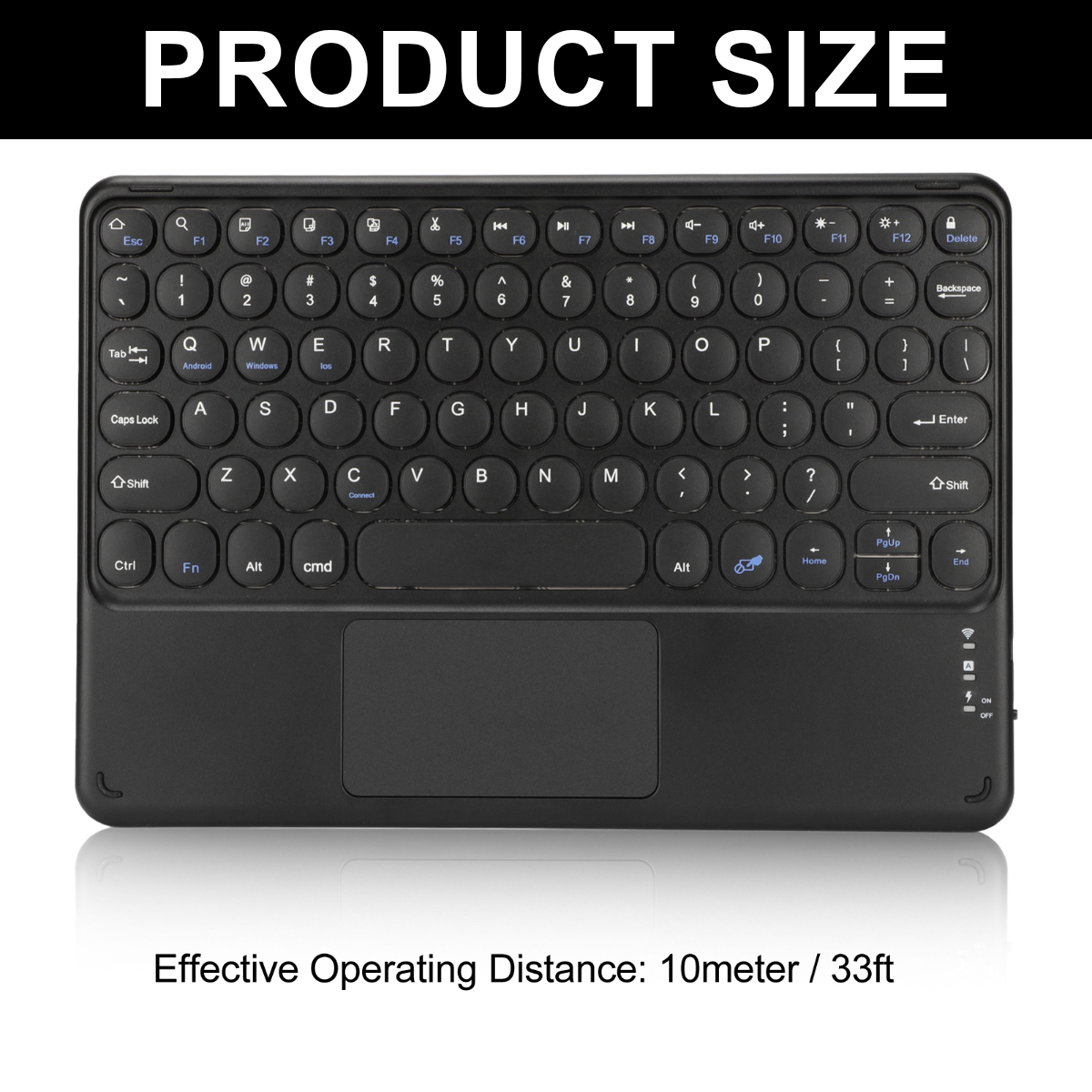 Schwarze drahtlose Tastatur mit Touchpad. Weißer Text auf Tasten. Produktgröße ist die Überschrift. Reichweite 10m / 33ft.
