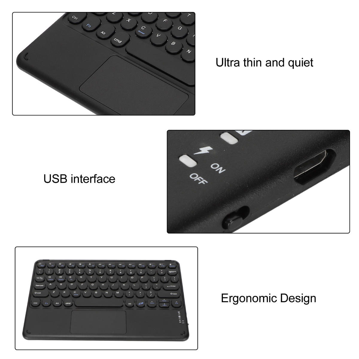 Das Bild zeigt eine schwarze Tastatur mit Touchpad, USB-Schnittstelle, Ein-/Ausschalter und den Worten 'Ultra dünn und leise' und 'Ergonomisches Design'.