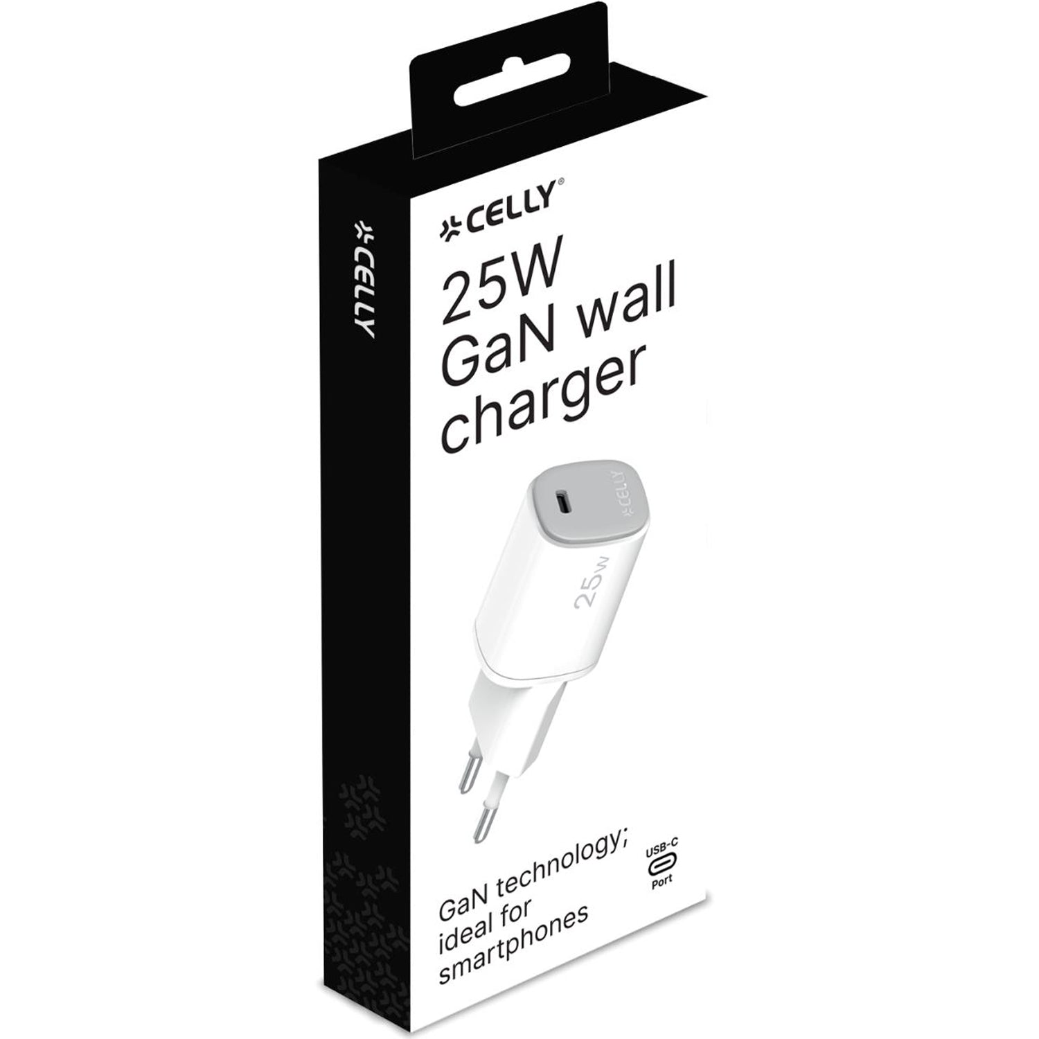 Un cargador de pared Celly GaN de 25W blanco en su caja en blanco y negro. Detalles incluyen el puerto USB-C y el texto 'ideal para smartphones'.