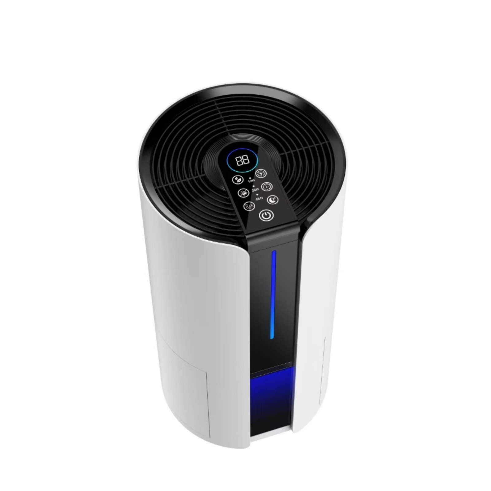 Ein weißer Luftreiniger mit schwarzem Deckel. Er hat eine Digitalanzeige und blaues Licht. Oben befindet sich ein Ventilator.