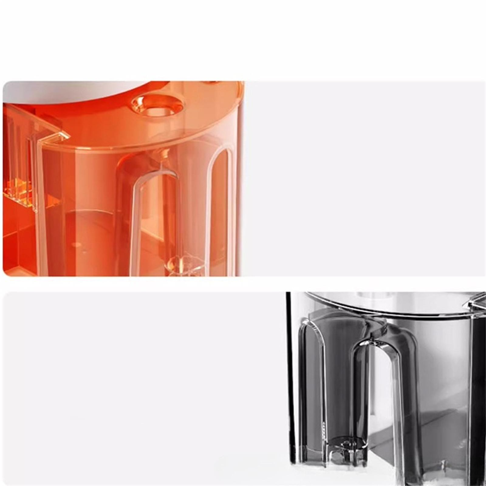 Nahaufnahme von zwei transparenten Behältern. Einer ist orange, der andere grau. Beide haben gewölbte Griffe und sind teilweise transparent.