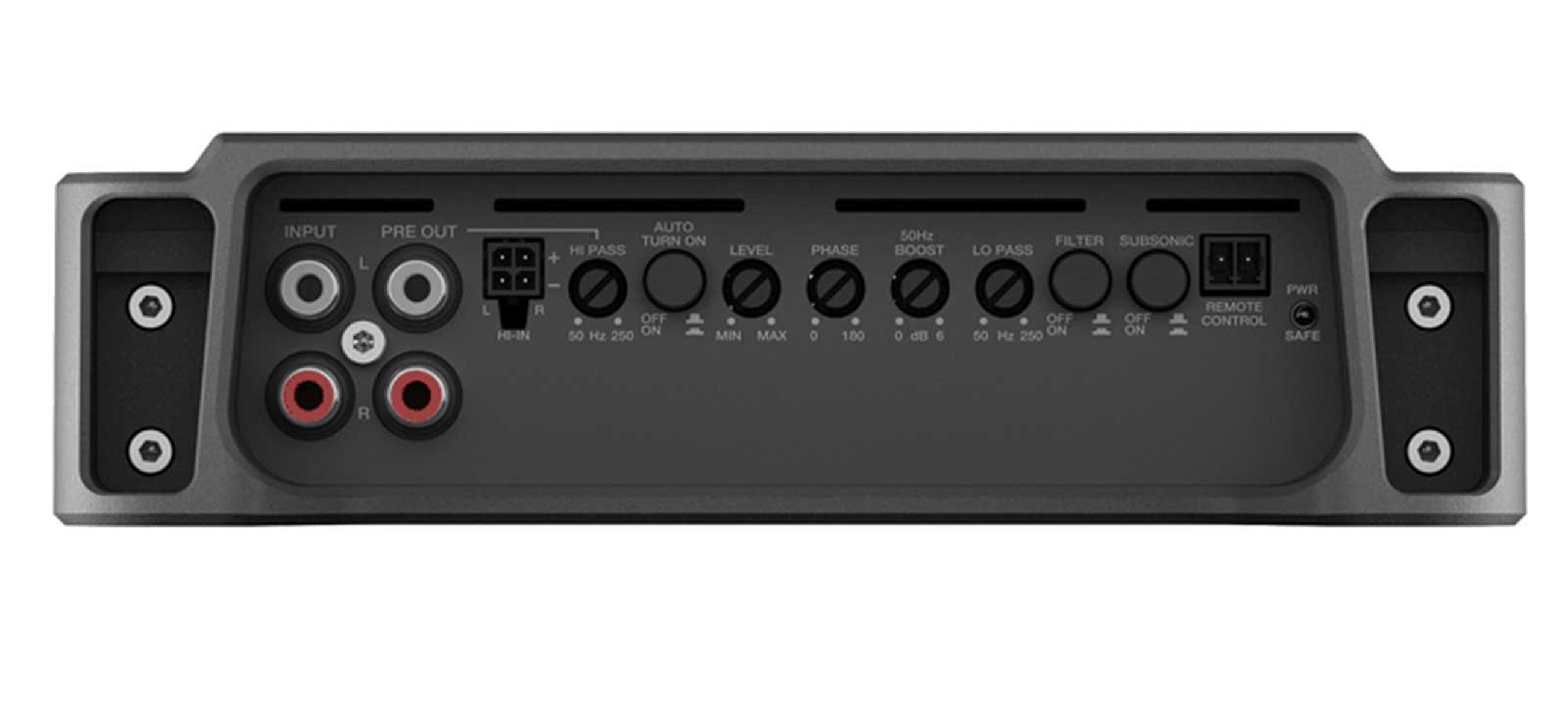 Ein schwarzer Audioverstärker mit verschiedenen Ein-/Ausgängen und Steuerungsknöpfen. Beschriftungen sind 'Input', 'Hi Pass' und 'Remote Control'.