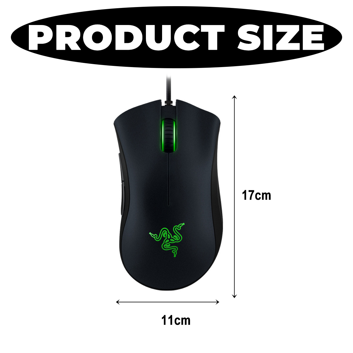 Schwarze Razer-Maus mit grünem Logo. Die Abmessungen betragen 17 cm Höhe und 11 cm Breite. Der Text PRODUKTGRÖSSE steht über der Maus.