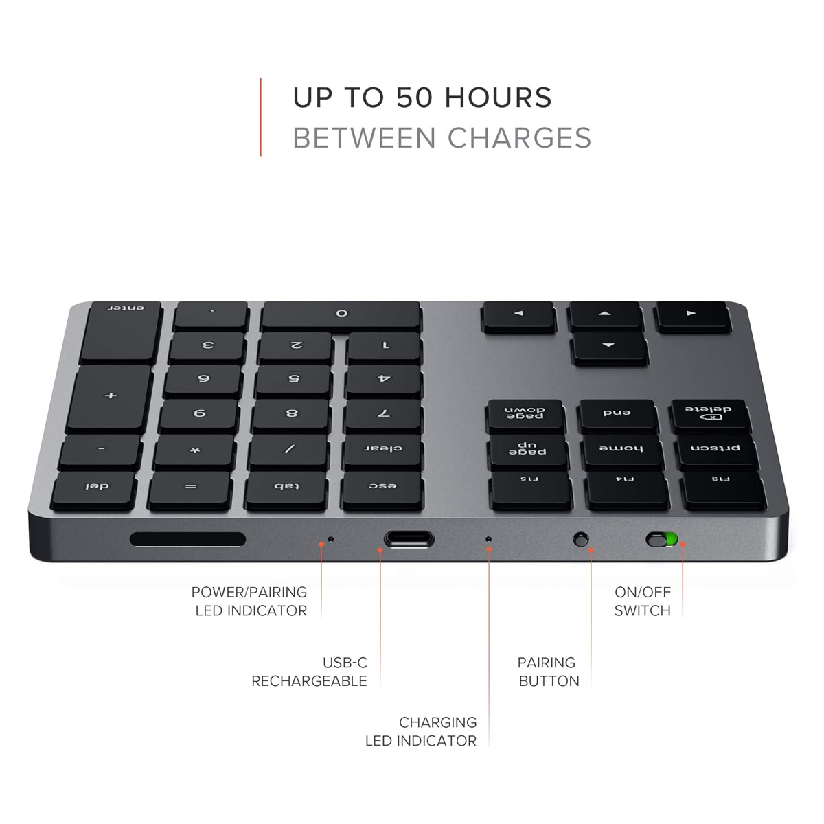Graue Tastatur mit schwarzen Tasten. Sie hat Zahlen- und Funktionstasten. Beschriftungen umfassen USB-C, Stromversorgung und Ein/Aus-Schalter.