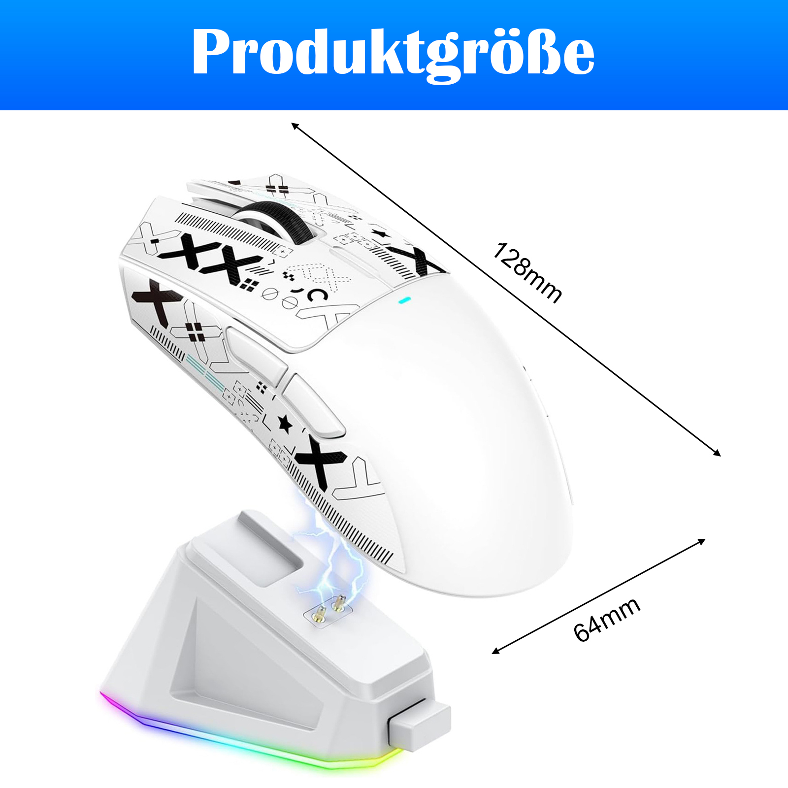 Eine weiße Gaming-Maus mit schwarzen Akzenten und einer Ladestation. Die Abmessungen sind mit 128 mm und 64 mm angegeben.