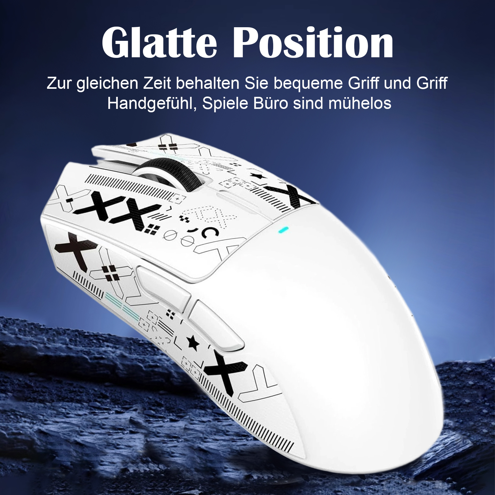 Eine weiße Computermaus mit schwarzen Grafiken wird auf blauem Hintergrund angezeigt. Oben steht 'Glatte Position'.